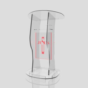 Imagem de Púlpito em Acrílico para Igreja e/ou Eventos com Gravação e Led grátis Mod. Jonas Transparente (Tradicional, Moderna ou Sem Gravação) Cores em Led. (Grav. "Jesus" Moderno, LED VERMELHO)
