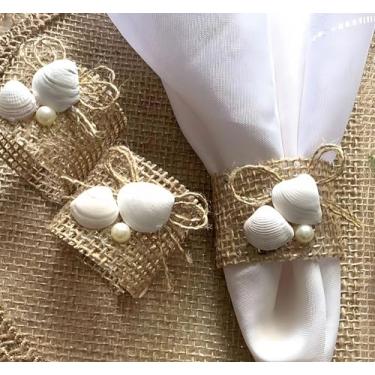 Imagem de Porta Guardanapo com Concha Natural e Juta com Fios Dourados, 10 Unidades