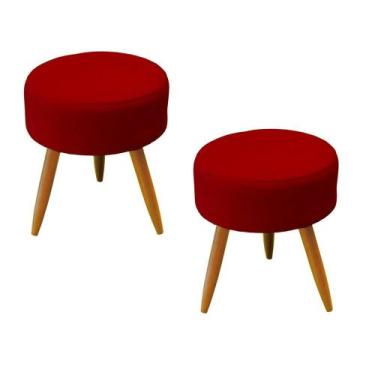 Imagem de Kit 02 Puffs Banqueta Redondo Classic Suede Vermelho Pés Madeira Palit