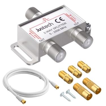Imagem de Justech Divisor de cabo coaxial de TV bidirecional divisor coaxial 5-2400MHz com plugues F de cabo coaxial de 1,5 m (prata)
