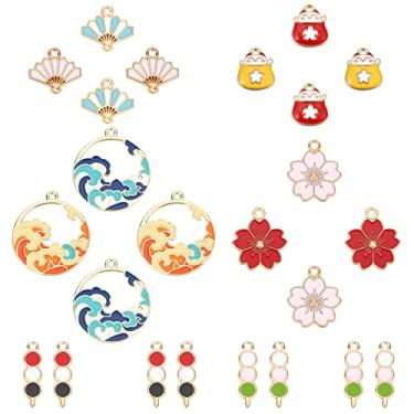 Imagem de SUNNYCLUE 1 caixa, 40 peças, 5 estilos sortidos, pingentes de liga esmaltada, banhados a ouro, dango, Sakura, leque de flores, plano, redondo, estilo japonês, pingentes para fabricação de joias,