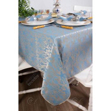 Imagem de Toalha de Mesa Quadrada em Tecido Jacquard Azul e Dourado Adamascado T