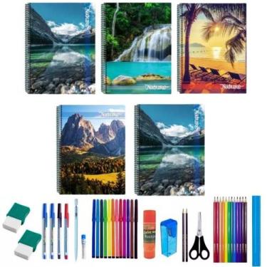 Imagem de Kit 10 Caderno Natureza 96 Folhas Arame Capa Dura + 36 Itens - Maxima 