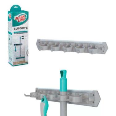 Imagem de Suporte Parede Vassoura Rodo Mop Cinza 6 suportes + 5 Ganchos - Flash 