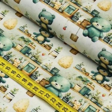 Imagem de Tecido Estampado Para Patchwork - Green Bear : Ursinho Verde com Vasos