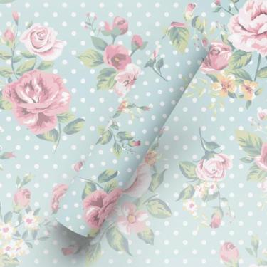 Imagem de Papel de Parede Adesivo Tema Floral Rosa E Azul - BAZAR DOS QUADROS, 1