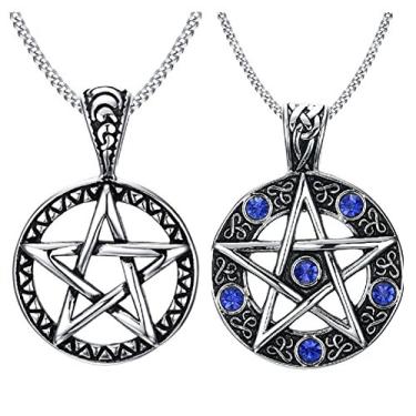 Imagem de Colar pentagrama poderoso de aço inoxidável, pingente de selo tradicional Wicca de Salomão, corrente de meio-fio de 69 cm (estilo prata e azul (2 peças))