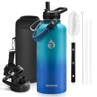 Imagem de Garrafa térmica de água RAYMYLO moderna, aço inoxidável com parede tripla isolada a vácuo (fria por 48 h), à prova de vazamento, sem BPA, alça de paracord, tampas de bico e canudo, 2,5 L, ciano