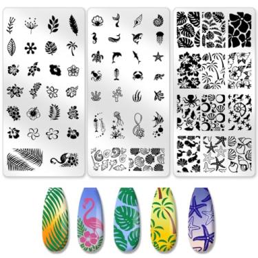 Imagem de beinkmake 3 peças de placa de estampagem de unhas à beira-mar, plantas tropicais, kit de estêncil de unhas faça você mesmo, animais marinhos, placas de carimbos, modelos de imagem, ferramentas