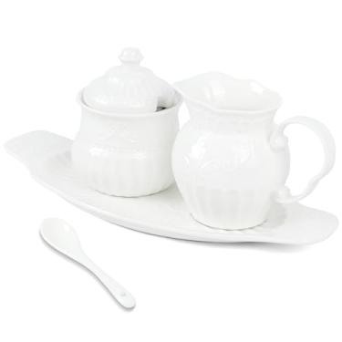 Imagem de Conjunto de 4 peças de açúcar e creme, recipiente de creme para barra de café, inclui tigela de açúcar com tampa, jarra de creme e colher para café, perfeito para festas de chá e presentes