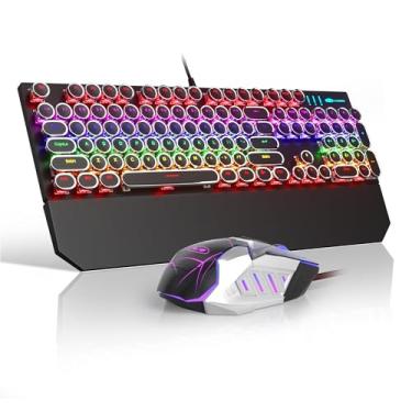 Imagem de Combo de teclado gamer mecânico retrô preto estilo máquina de escrever e mouse, teclado com fio, switches lineares vermelhos, tamanho completo, iluminação, para jogos, trabalho, Mac, PC, Windows