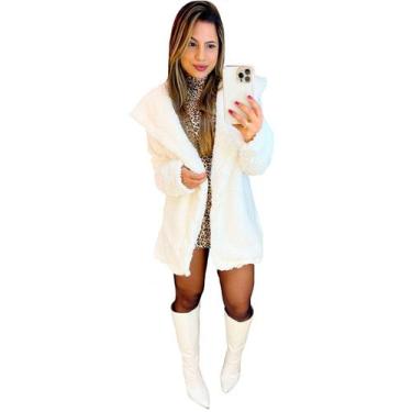 Imagem de Casaco teddy branco feminino com gola dobrada e com bolsos - Am Jeans