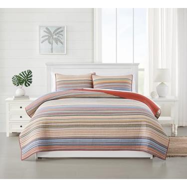 Imagem de Oceanfront Resort Conjunto de colcha King de 3 peças com listras de fio Nápoles, tema costeiro e náutico, confiança certificada Oeko-TEX