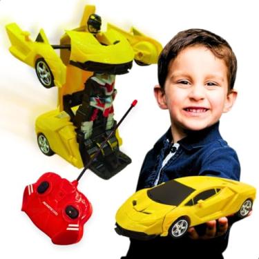 Imagem de Carro de Controle Remoto que Vira Transforma Robô com Roda Emborrachada Presente Aniversário Brinquedo Infantil Interativo Menino 7 8 9 Anos (Amarelo)