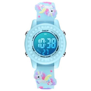 Imagem de Relógio infantil, relógio de pulso para meninas de 3 a 10 anos 3D com desenho fofo de unicórnio para meninas, 7 luzes coloridas, digital, relógio de pulso Montre Enfant Fille, J6666-DJS-Azul-claro,