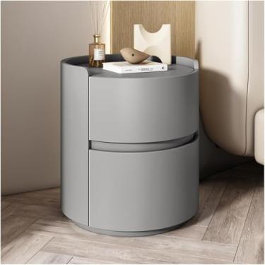 Imagem de Mesa de cabeceira redonda de couro de microfibra com 2 gavetas de madeira moderna mesa lateral armário de armazenamento de madeira maciça para quarto, sala de estar, cinza, 40 x 50 cm