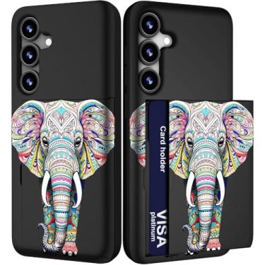 Imagem de IWONE Capa para celular compatível com Samsung Galaxy S24 FE fofa com porta-cartões/S24FE Slim Slot Wallet Phone Cover para mulheres/design de elefante africano animal étnico estilizado rosa