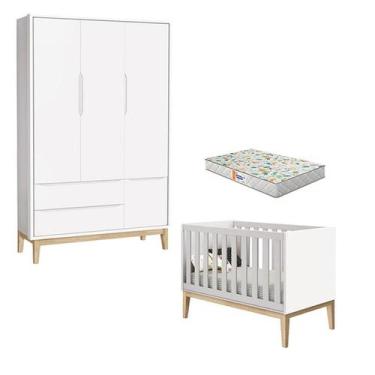 Imagem de Berço Americano e Guarda Roupa 3 Portas New Classic Branco com Pés Mad