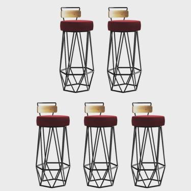 Imagem de Kit 05 Banqueta Com Encosto Botti Hexágono Cozinha Peroba Rosa Ferro Preto Corino Vermelho - Ahz Móveis