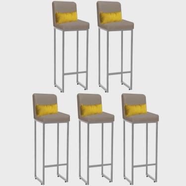 Imagem de Kit 05 Banqueta Alta com Encosto Lucca Industrial Cozinha Balcão Ferro Cinza Sintético Bege e Almofada Amarelo - Ahz Móveis