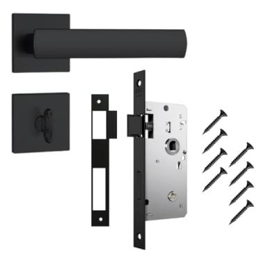 Imagem de Kit 1 Fechadura Completa Stam Preta Porta Madeira Banheiro Chave Fixa 823/35 Maçaneta Roseta Quadrada Contra Testa Parafusos