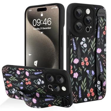 Imagem de AIGOMARA Capa protetora de silicone para iPhone 15 Pro com alça para mulheres e meninas, estampa floral fofa, preta