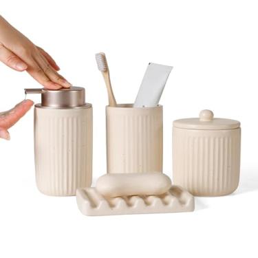 Imagem de BosilunLife Conjunto De Acessórios Para Banheiro - Cerâmica Conjuntos Decoração Balcão Dispensador Loção Sabonete E Porta-Escovas Dentes, Saboneteira, Pote Boticário (Damasco Listrado)