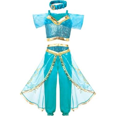 Imagem de Fantasia Infantil Jasmine Azul de Luxo Menina Roupa Princesa Odalisca (M 7-9)