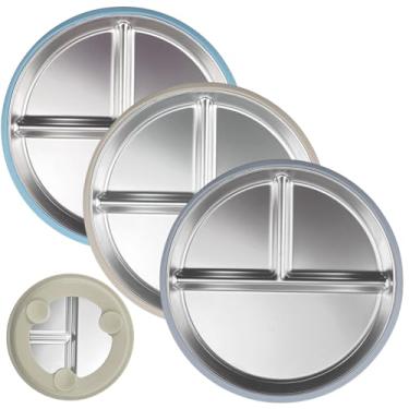 Imagem de LQCOZYM Pratos infantis de aço inoxidável com sucção, base de silicone inquebrável e antiderrapante, pratos de bebê para cadeira alta, creche e viagens, pratos infantis (3, azul claro + cinza escuro +