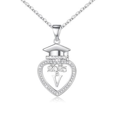 Imagem de Presentes de formatura para ela 2024, colar de inicial banhado a ouro branco 14K com pingente de coração de zircônia cúbica, presente de amizade para sua turma de 2024, presentes de formatura