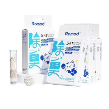 Imagem de Romod Pacote Com 4 Areias Para Gatos 5 Em 1 De Tofu, Mistura Mandioca, Bentonita, Bicarbonato Sódio, Seiva, Planta Natural, Aglomeração Rápida, Forte Adsorção Água E Desodorização, Sem Ras