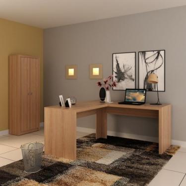 Imagem de Conjunto Home Office 2 Peças 1 Mesa Para Escritório Em L Com 1 Armário Espresso Móveis Amendoa