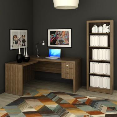 Imagem de Conjunto Home Office 2 Peças 1 Mesa Para Escritório Em L Com 1 Estante Espresso Móveis Nogal