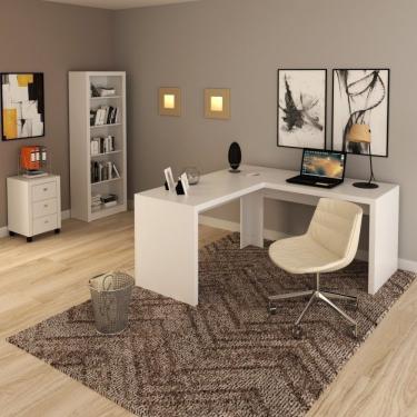 Imagem de Conjunto Home Office 3 Peças Com 1 Mesa Em L 1 Estante 1 Gaveteiro Espresso Móveis Branco