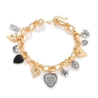 Imagem de LUREME Colar de corrente grossa de ouro e liga preta – Gargantilha vintage de metal misto com pingentes de coração, flor e borboleta para mulheres (nl006361), standard, Metal, Sem Pedra Preciosa