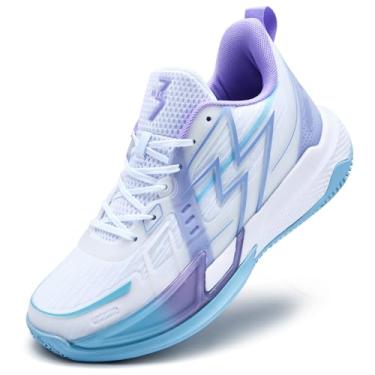 Imagem de Bolognifi Tênis de basquete masculino leve e durável para partidas de treinamento esportivo ao ar livre Equipamento de basquetebol(White+purple-6,34 BR)