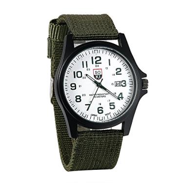 Imagem de JewelryWe Relógio de pulso masculino com mostrador verde militar e pulseira de nylon com calendário de quartzo e visão noturna, relógio de pulso luminoso, para o dia dos namorados, Verde-branco