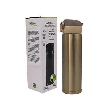 Imagem de Garrafa Térmica 500ml, Aço Inox, Tampa Plástica com Trava, Dourada, 23cm x 10cm