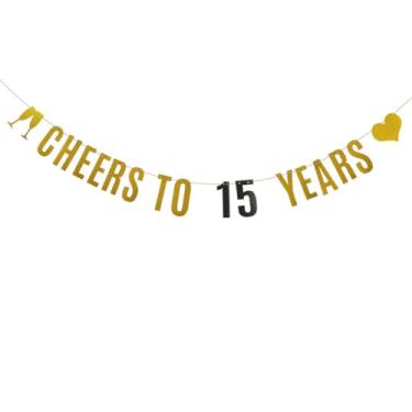 Imagem de Banner CHEERS TO 15 YEARS, pré-amarrado, preto e dourado com glitter para decoração de festa de aniversário de 15 anos/casamento, suprimentos, letras pretas e douradas, ABCpartyland