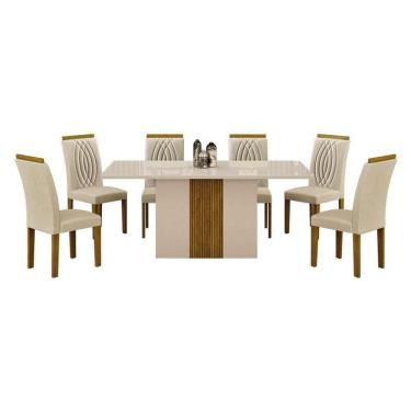 Imagem de Mesa De Jantar Doha 160x80 Reto Off White Freijó Decor Off Com 6 Cadeiras Freijó Joli Palha - Leifer Móveis
