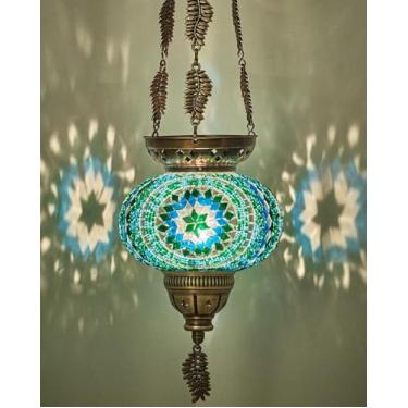 Imagem de DEMMEX Mosaico colorido marroquino turco boémio boho pendurado candelabro lanterna com globo de vidro colorido feito à mão e correntes de folha de metal, 60,96 cm (Cutsie)