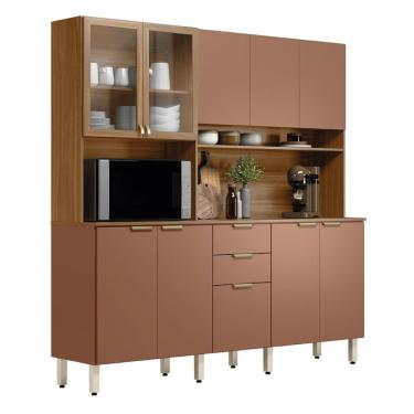 Imagem de Cozinha Compacta Amora 10 Portas 2 Gavetas em MDF 198cm Amêndoa Fosca com Vidro