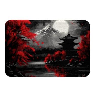 Imagem de jejeloiu Tapetes de banheiro com flores de cerejeira vermelha, 40,6 cm x 61 cm, estilo japonês, para banheiro, para meninos, meninas, adolescentes, montagem, Fuji, para chuveiro, banheira, pintura a