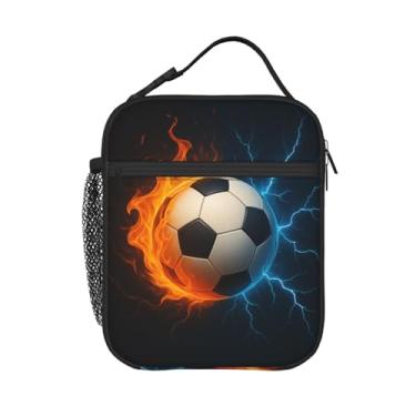 Imagem de PrelerDIY Lancheira de futebol Fire Lightning – Lancheira isolada para meninos/meninas/mulheres/homens com alça removível lancheira de refeição