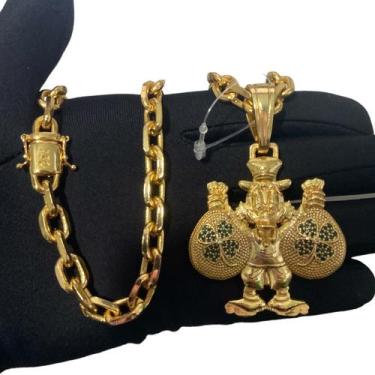 Imagem de Cordão Cadeado 8mm Pingente Tio Patinhas Trevo Banhado Ouro - ToJoia18