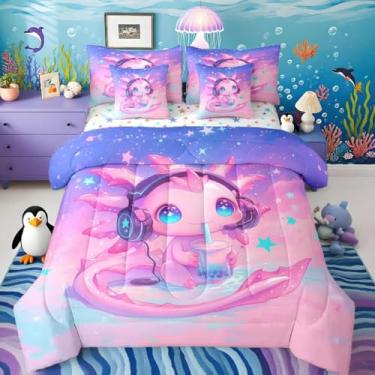 Imagem de Jogo de cama infantil com estampa de salamandra, desenho animado de 7 peças, estampa kawaii, oceano, marinha, lençol com lençóis, fronhas e fronhas para decoração de quarto feminino e masculino macio