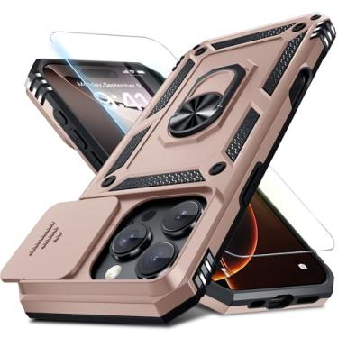 Imagem de Janmitta Capa para iPhone 16 Pro, capa de lente de câmera deslizante integrada + protetor de tela, capa de telefone de corpo inteiro resistente à prova de choque com suporte de anel de dedo, ouro rosa