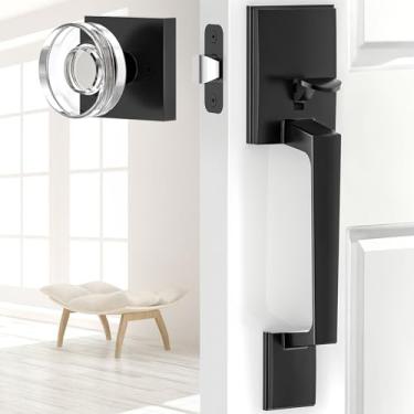 Imagem de BonKuDoo Maçaneta da porta frontal sem trava, maçaneta de entrada com maçaneta de passagem de vidro, preto fosco, fechadura não incluída