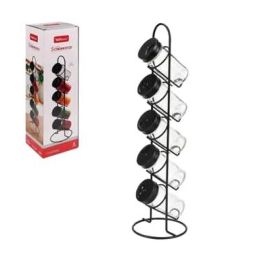 Imagem de Porta Condimentos com 5 Potes de Vidro e Suporte Vertical em Ferro, 40 cm, Preto