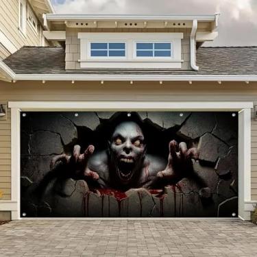 Imagem de HOMETITUTE Banner de porta de garagem de Halloween 4 x 1,8 m assustador monstro sangue gotejamento rachadura buraco capa de porta varanda pendurado pano de fundo ao ar livre interior decorações de